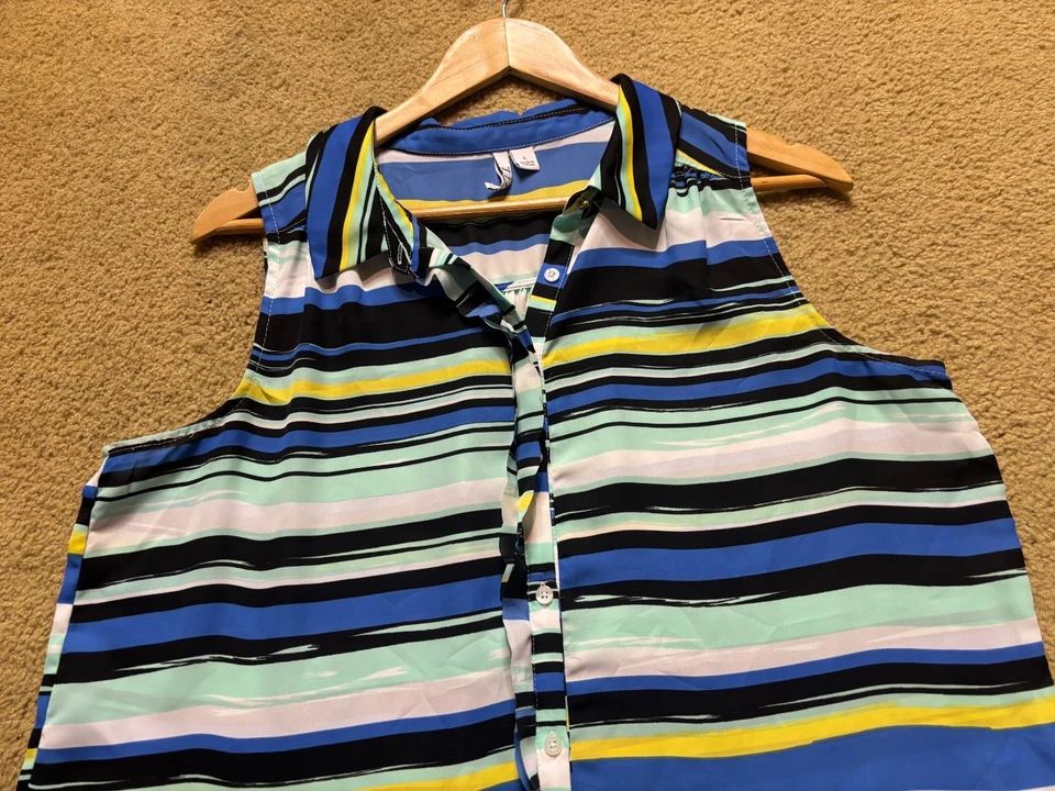 Blusa sin mangas Elle con botones azul a rayas de gasa transparente para mujer L Foto 3 de 4