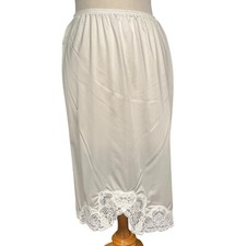 Vintage Olga White Lace Half Slip Silky Midi Petticoat Elastic Waist M Old Money