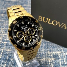 Bulova Marine Star 98B406 Black Dial Gold Strap Quartz Men's Watch