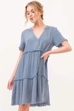 Women's Washed Cotton Frayed-Detail Tiered Dress