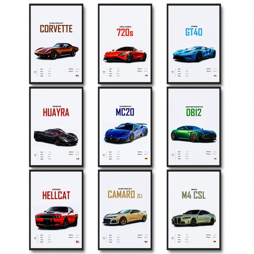 dazongweihan 9pcs Super Car Posters for Boys Room, Racing Wall Art 9, Q1