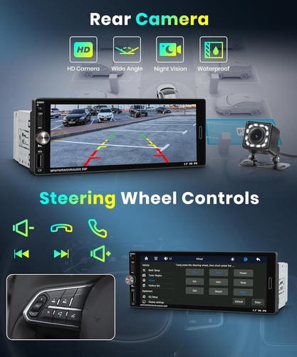 Single Din Car Stereo 6.9in Touch Screen Wireless Carplay Android Auto Bluetooth - Picture 6 of 9