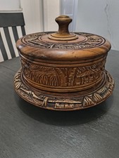 Vintage Tiki Hut Hand Carved Wood Cake Cupcake Stand Cover Lid Lazy Susan Aztec