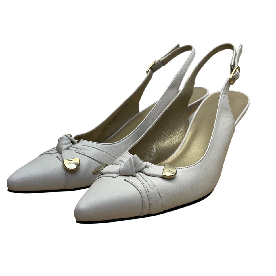 Stuart Weitzman Women’s White Leather Gold Tips Slingback Kitten Heels Size 8.5N - Image 3 of 4