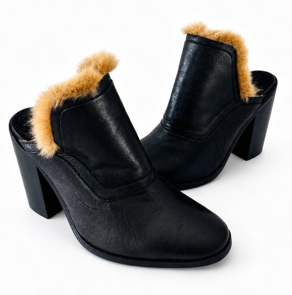 Sol Sana Black Leather Faux Fur Trim Mule Heels EU 37 Block Heel Clogs