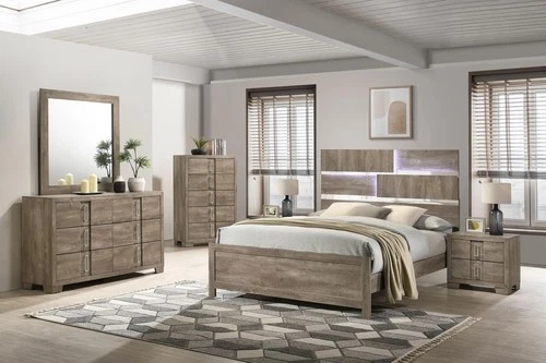 Kings Brand Furniture 6-Piece King Size Bedroom Set, Light Brown with LED