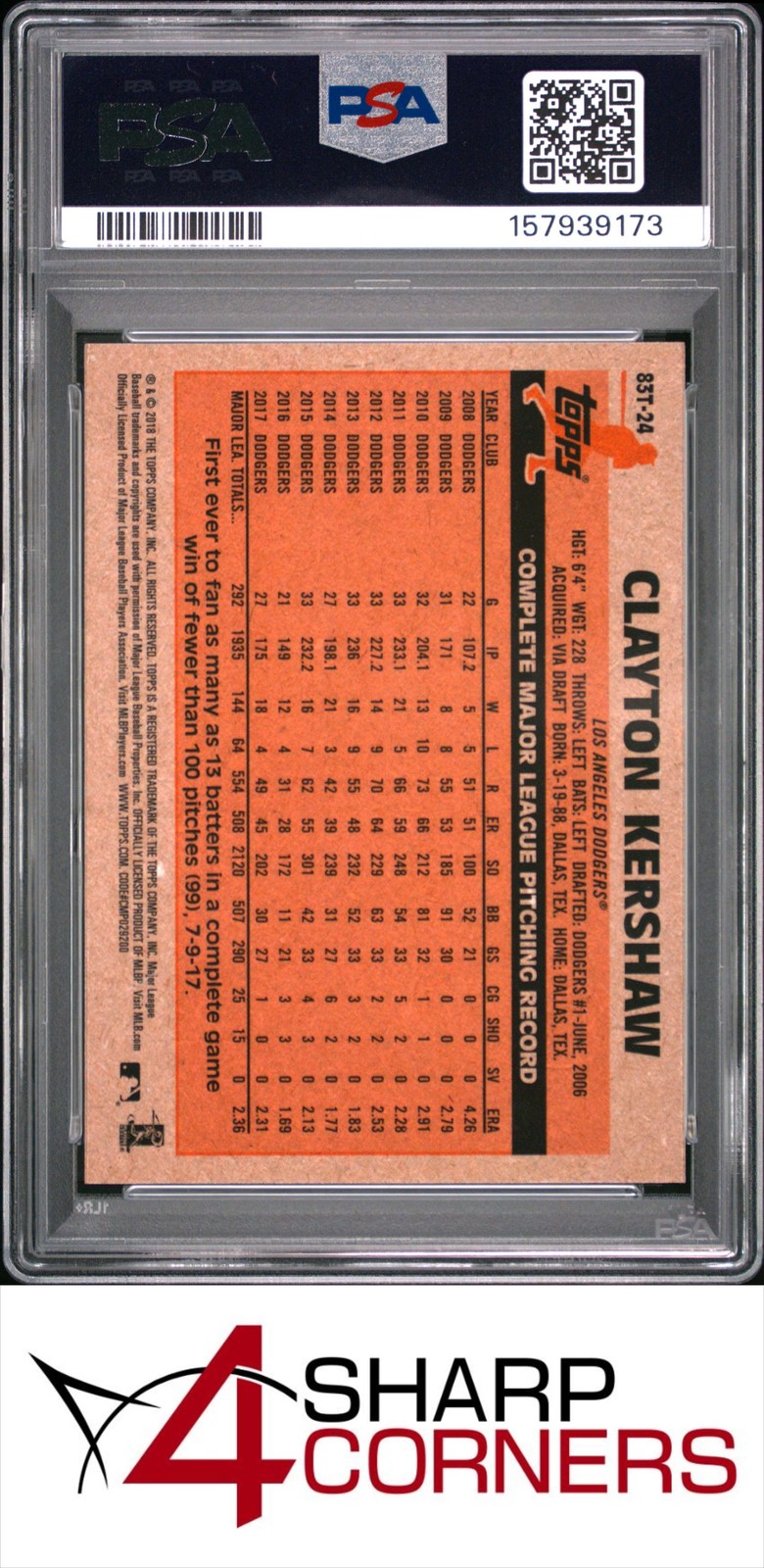 2018 TOPPS CHROME 1983 TOPPS #83T-24 CLAYTON KERSHAW PSA 9 view 2