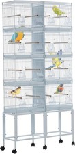 Large White Metal Bird Cage w/ Stackable Aviary, Rolling Stand Cage for Parrots