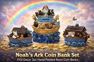 FIGI Decor Noah s Ark Coin Bank Set 3pc Hand Painted Resin Animal Boat Decor