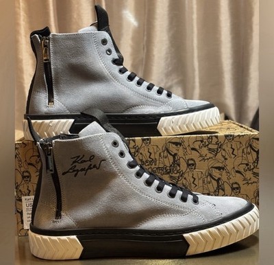Karl Lagerfeld High-Top Sneakers Gray Black Leather Zip Logo Men's Size 8.5/41.5