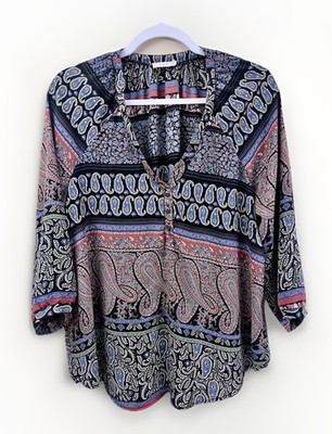 Lush Tunic Top Womens M Black Blue Red White Paisley Casual Boho Cottagecore