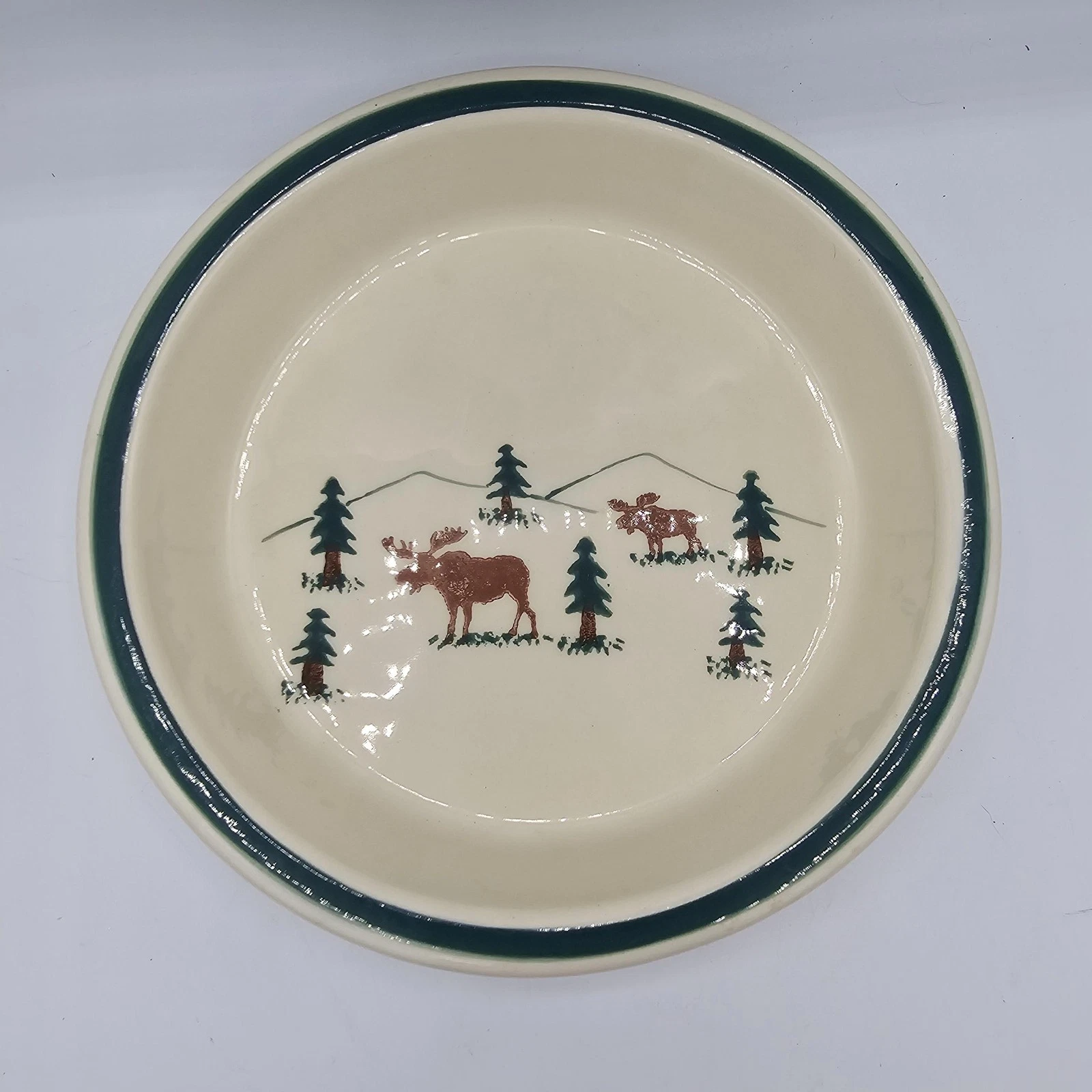 VTG Crock Shop Inc Moose Pie Plate Baking Dish Stoneware Santa Ana CA Green Rim