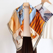 High End Women's 43.3" Silk Scarf Horse Check Print Hand Rolled Hem Gift Chic