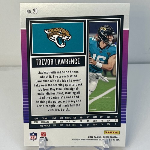 TREVOR LAWRENCE 2022 SCORE #20 PURPLE CUBIC /299 JAGUARS - Picture 2 of 4