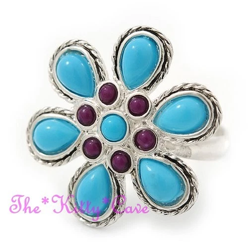 Anillo de flores de margarita floral de plata turquesa y violeta shabby boho elegante retro étnica Foto 4 de 4
