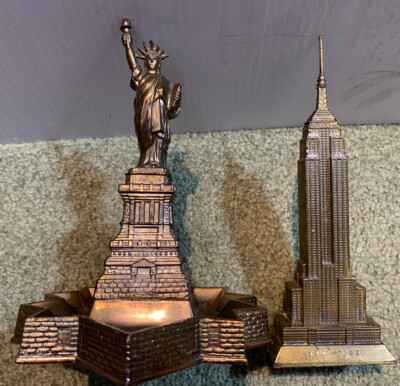 Antique 7  Bronze Statue Of Liberty Building Monument Ashtray & 8  Empire State
