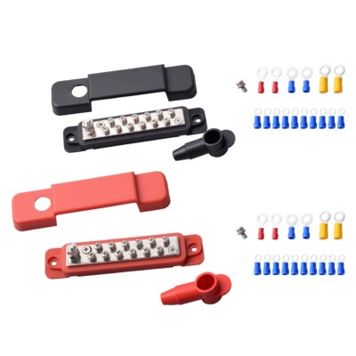 Black & Red 12 Terminal Busbar Bus Bar Power Distribution Block 180A 12V DC Pair