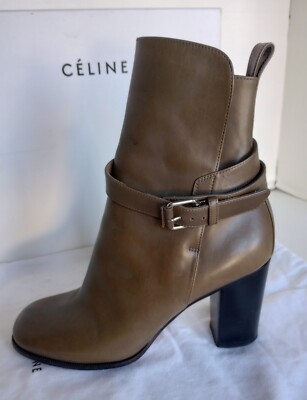 Celine Paris Women's Olive Calfskin Leather Buckle Strap Boot Shoes Size 8