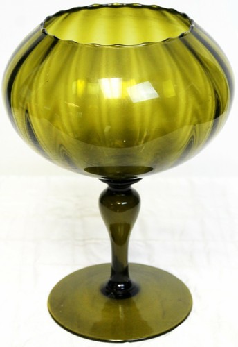 Vtg MCM Empoli Art Glass Footed Bowl Compote Ribbed Green Vase Optic - Picture 5 of 8