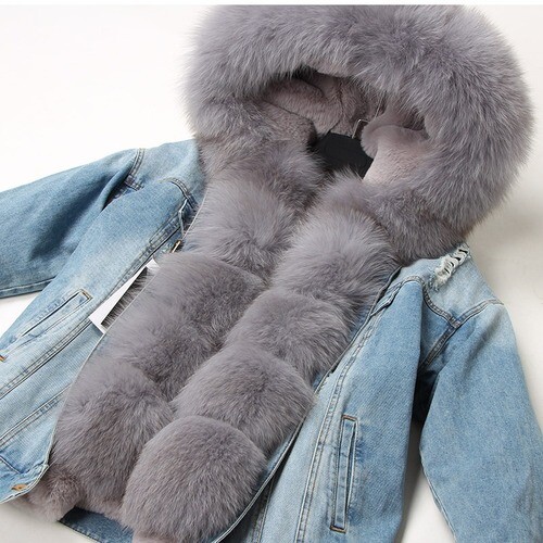 Fur Lined Denim Jacket Fox Fur Coat 