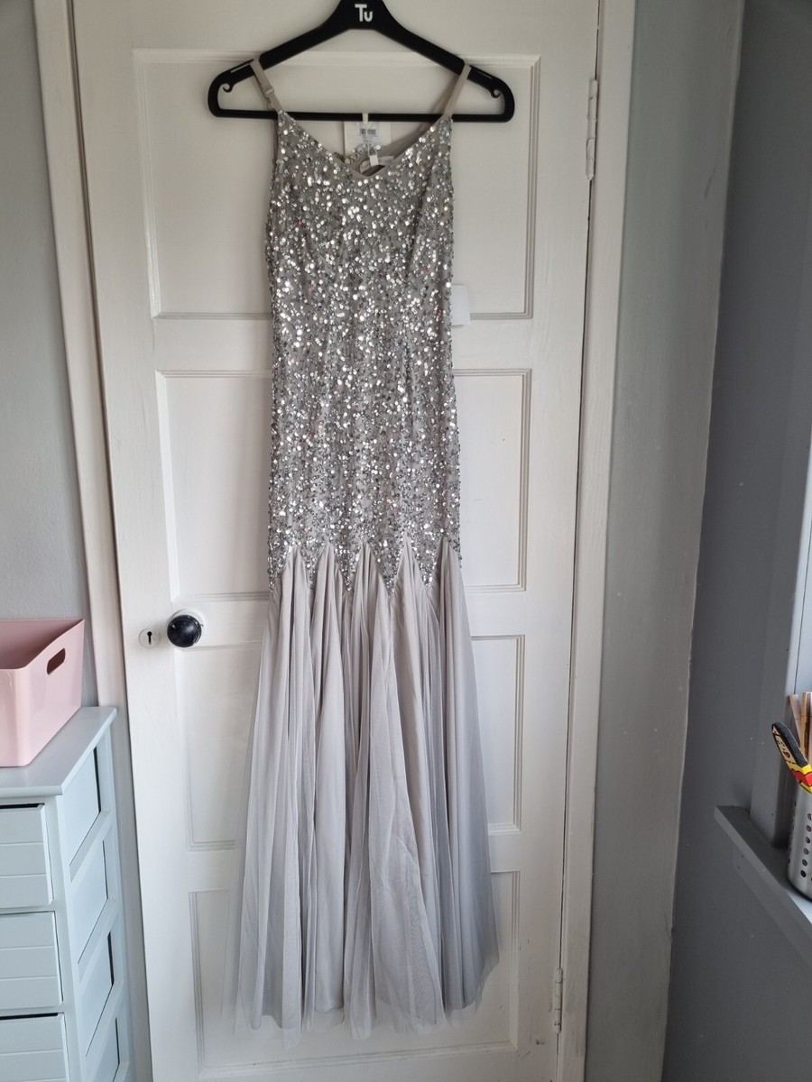 Maya Silver Sequin Fishtail Maxi Evening Dress Sz UK - Main Image