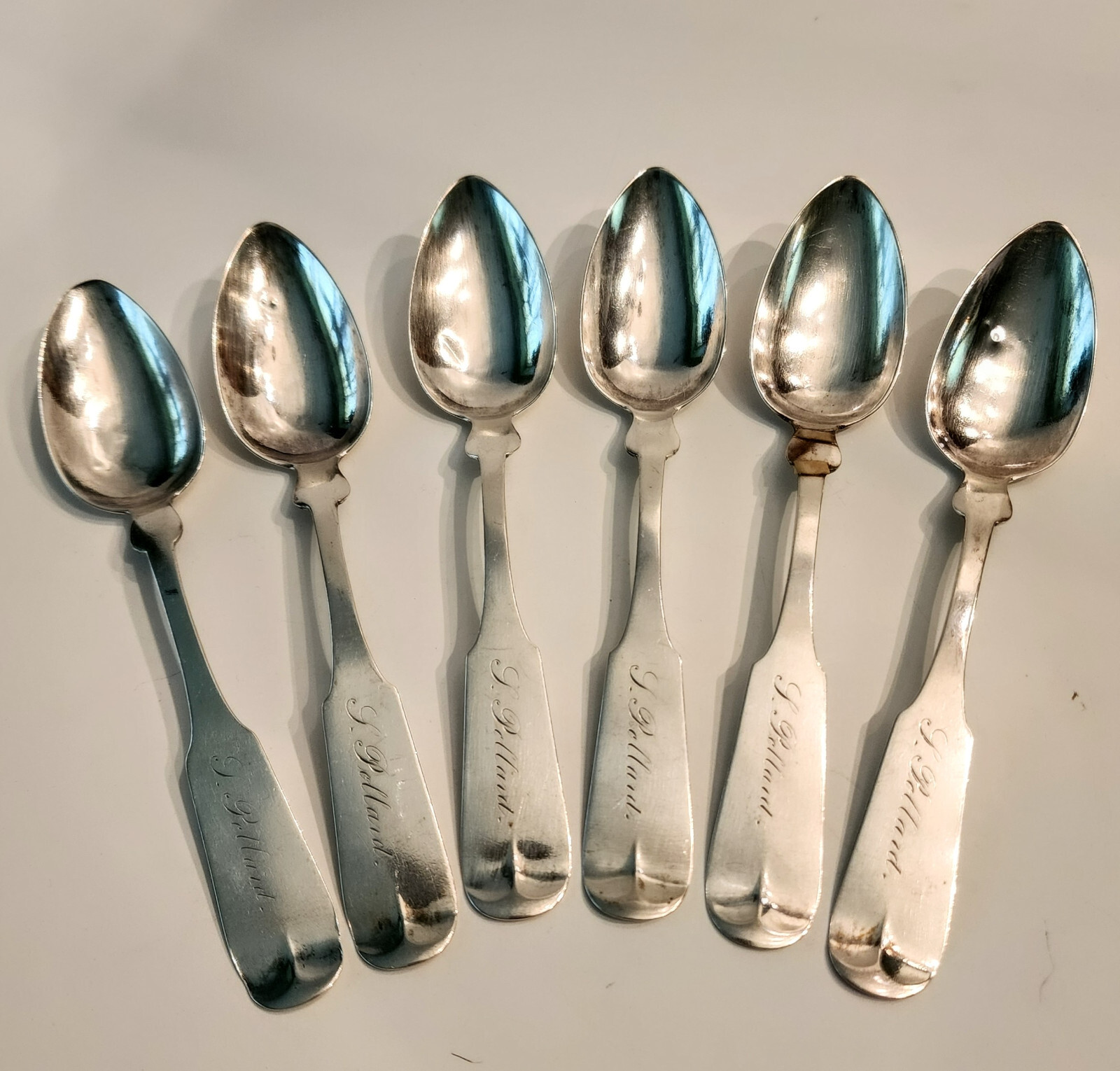 6 Antique 1800's Coin Silver Teaspoons by P. Miller Fiddle Pattern Providence RI
