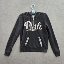 PINK Victoria's Secret Women Hoodie M Gray Fleece Logo Long Sleeve Cotton Pocket