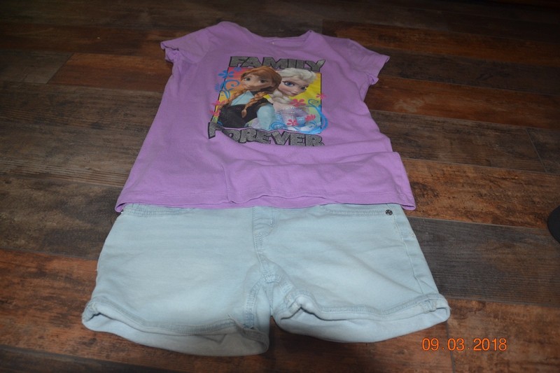 GIRLS JUSTICE SHORT SET DISNEY PURPLE FROZEN SHIRT & LIGHT JEAN SHORTS SIZE 14R