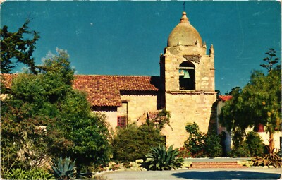 Old CA Postcard Bell Tower San Carlos Mission Carmel Padre Junipero Serra Garden