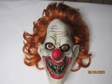 Clown Mask Scary Costume Mask with orange Hair Attached red nose Halloween