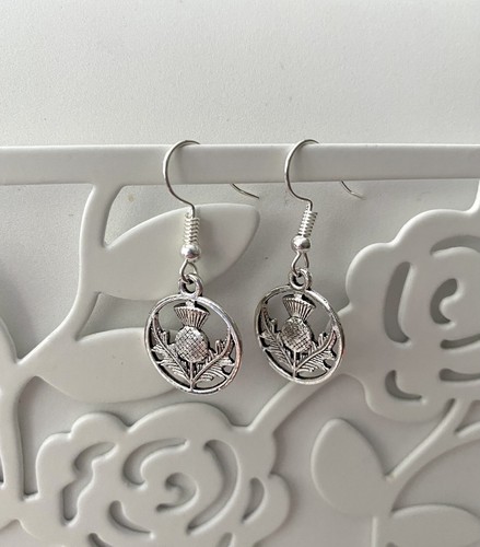 * SALE, SCOTLAND NATIONAL EMBLEM * SCOTTISH THISTLE EARRINGS Silver plated hooks - Picture 6 of 6