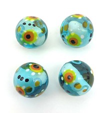 NEW for 2022 16mm "Pollination" Blue w Flowers Handmade Art Glass Marbles Pk 4