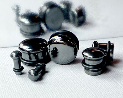 PAIR Single Flare Hematite Stone Plugs Gauges Guages Earlets Body Jewelry