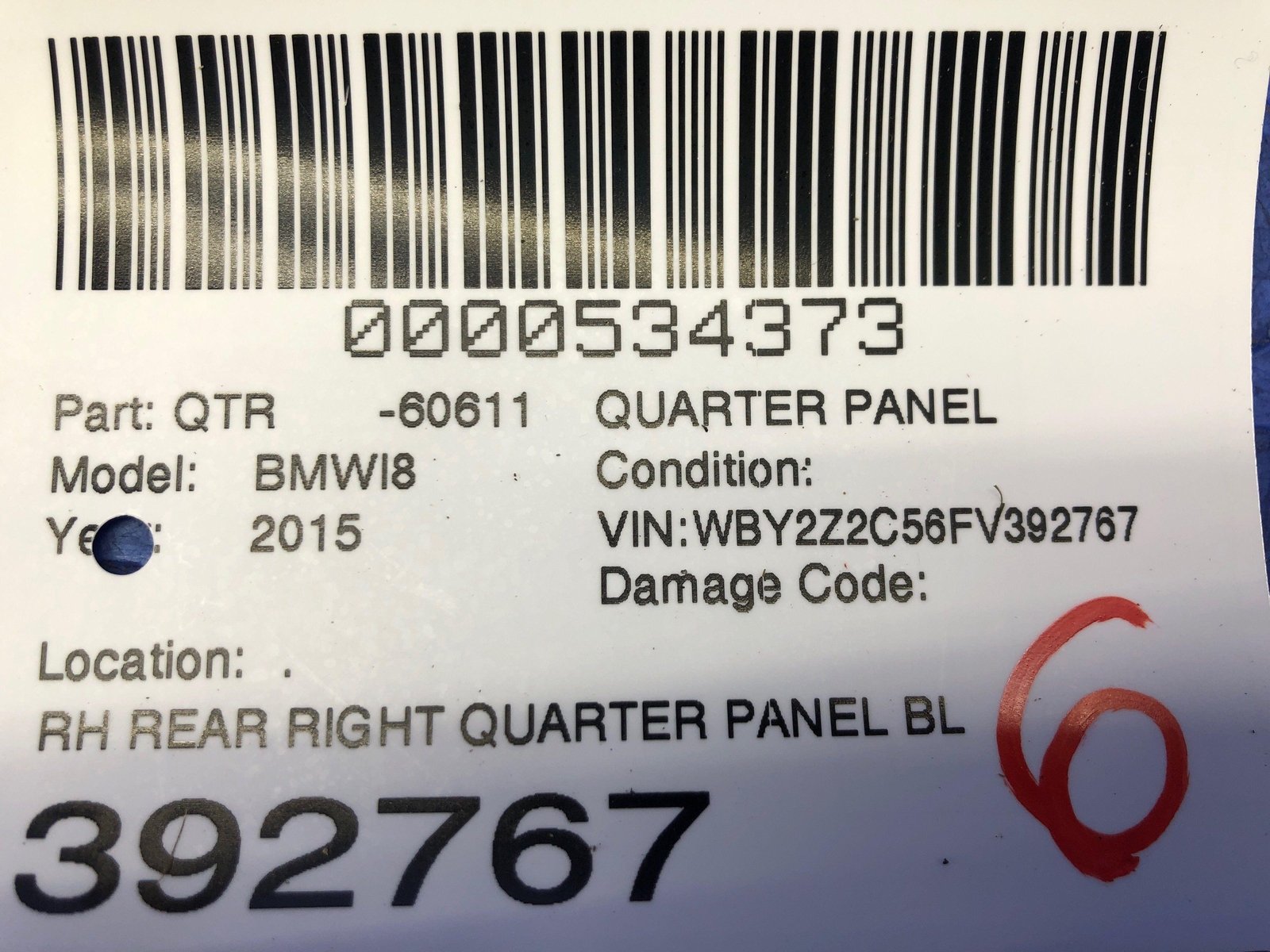 2014 2015 2016 2017 2018 2019 BMW I8 OEM REAR RIGHT QUARTER PANEL BLACK