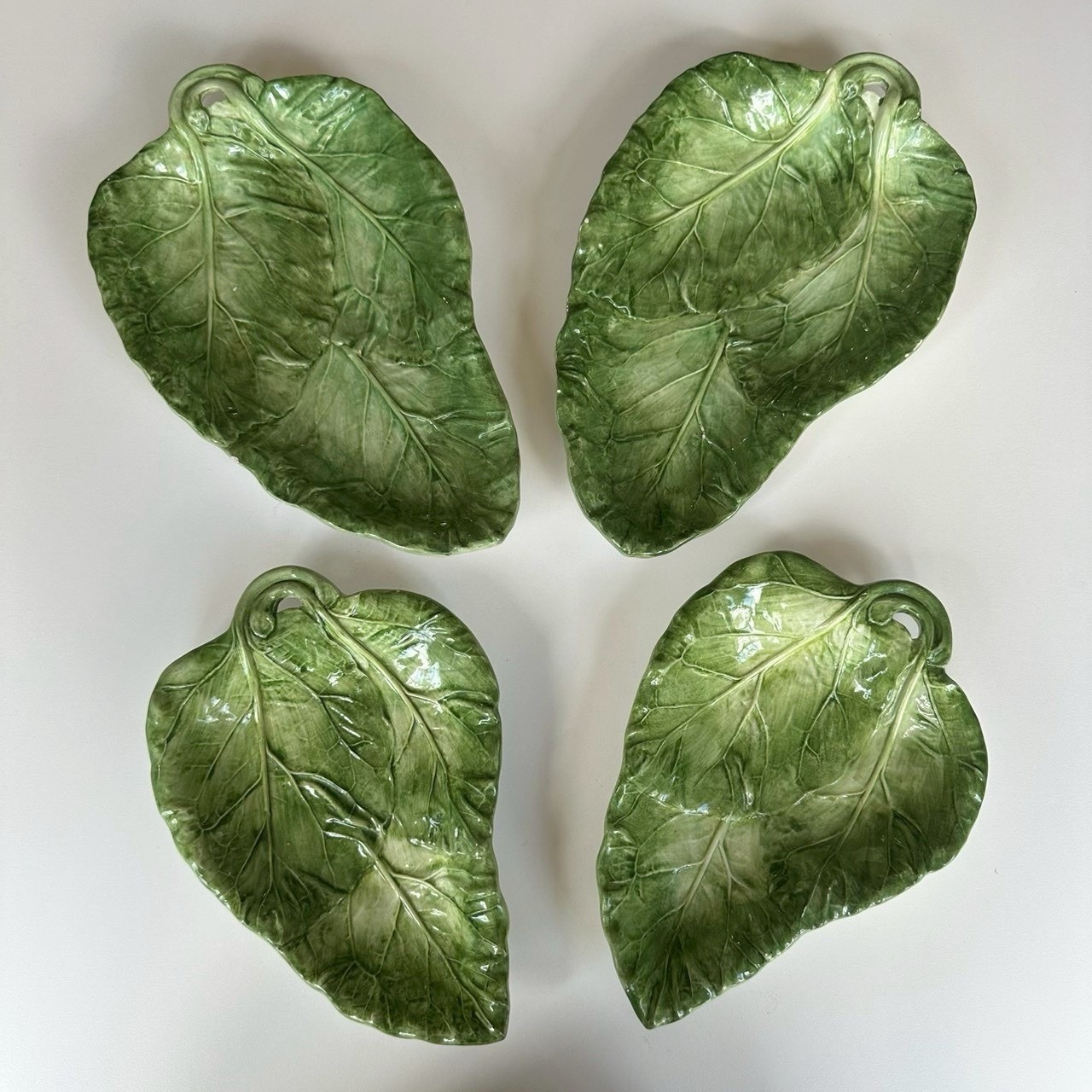 Rare Vtg San Marco Majolica Green Leaf Cabbage Plates set of4 Made in Italy Read