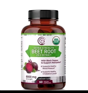 USDA Racines de betteraves biologiques 8000 mg Résistance 20:1 Extrait, 120 Capsules de végétalien, casher