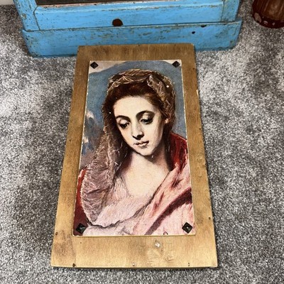 Vintage Aufbewahrungsbox aus Holz mit Druck La Virgin El Greco. Schönes Display gebraucht 