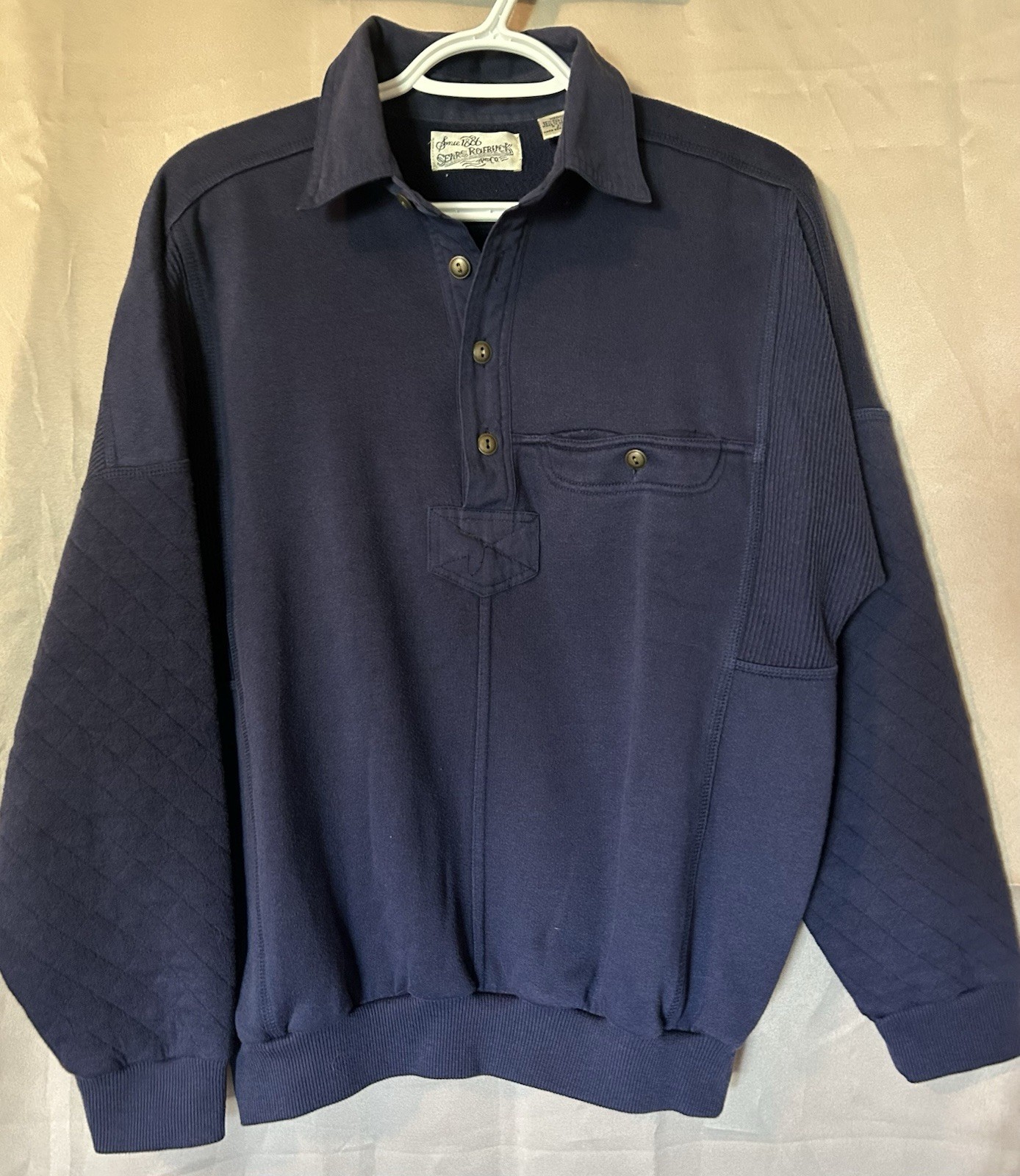 Sears Roebuck, Vintage Sears Roebuck Pullover 80-90s Sweatshirt Collared 3-Button Navy Blue M