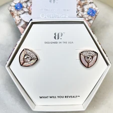 Bomb Party October 2025 The Shape Of Strength Earrings Rose Gold Milky Lab Opal