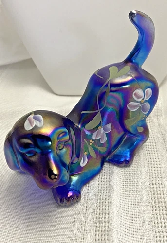 VTG - FENTON - DOG -Blue Carnival Glass Figurine Hand painted signed - 3 in