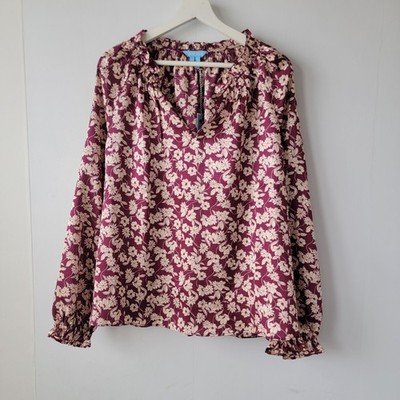 draper james women's Long Sleeve Top sz L in Hammered Satin ruffle V Neck neck