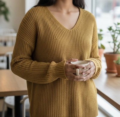 Jenni Kayne Dark Yellow Knit Pullover Sweater V-Neck Women's Long Sleeve