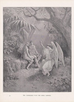 1870 GUSTAVE DORE Druck - ''Konferenz mit dem Engel Raphael'' - 8,5 x 12,8 Zoll