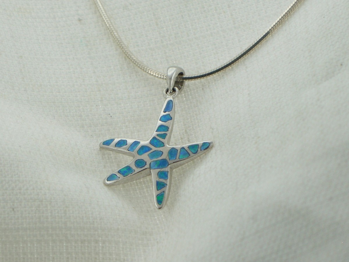 Sterling Silver Created Blue Opal Starfish Pendant Sterling Silver Created Blue Opal Starfish Pendant