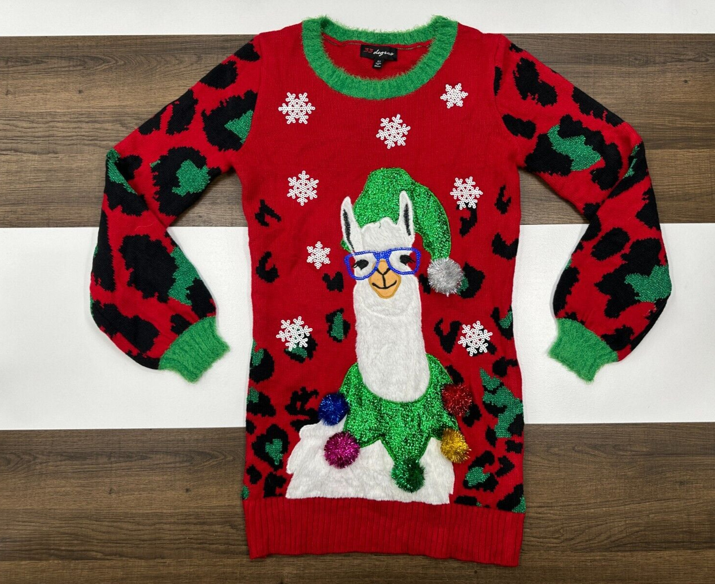 33 Degrees Womens XS Red Fuzzy llama Christmas Pom Funny Long Sweater