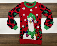 33 Degrees Womens XS Red Fuzzy llama Christmas Pom Funny Long Sweater