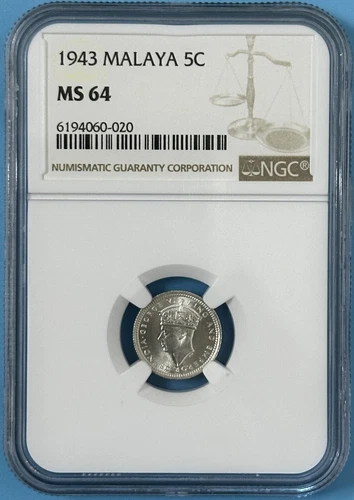 Malaya 1943 Silver 5 Cents King George VI ChBU Coin 2 Years Issue NGC MS64 #3a