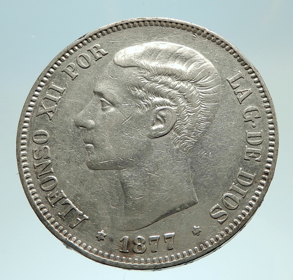 1877 SPAIN w King ALFONSO XII Antique Silver Pesetas SPANISH Coin i76761