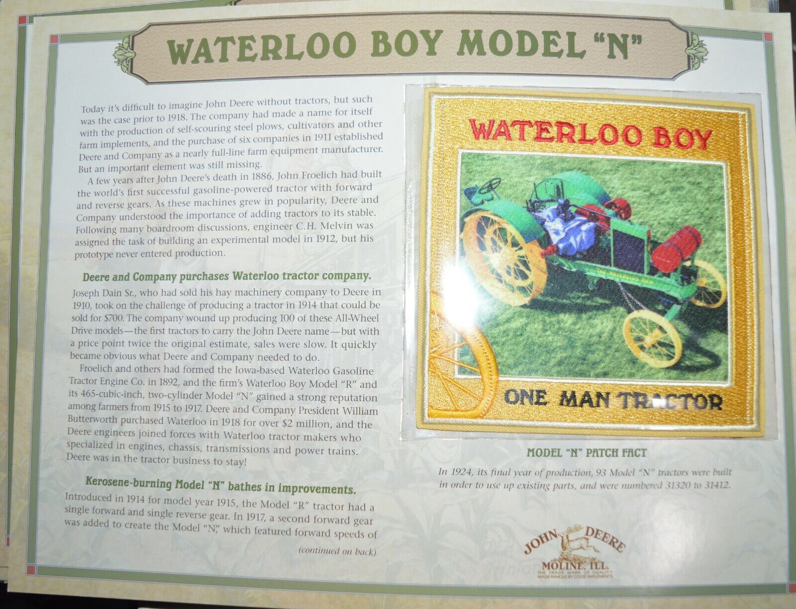 JOHN DEERE WATERLOO BOY TRACTOR PATCH W/INFORMATIONAL SHEET WILLABEE & WARD 