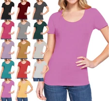Basic Casual Stretchy Cotton Jersey Scoop-Neck Short Sleeves Tee Shirt S ~ L